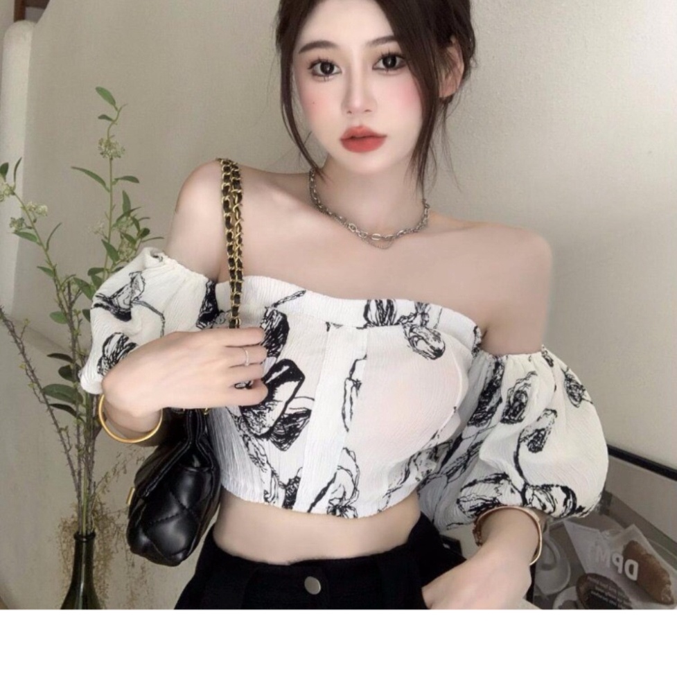 Áo Croptop Trễ Vai Tay Bồng HRSTORE ,Áo Kiểu Nữ Cá Tính Họa Tiết Sang Chảnh Chất Vải Voan Cao Cấp A88