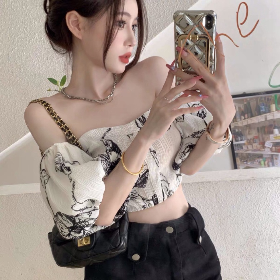 Áo Croptop Trễ Vai Tay Bồng HRSTORE ,Áo Kiểu Nữ Cá Tính Họa Tiết Sang Chảnh Chất Vải Voan Cao Cấp A88