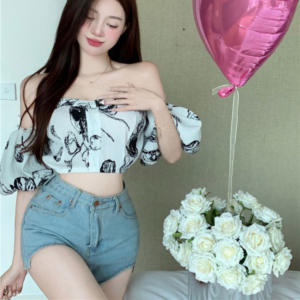 Áo Croptop Trễ Vai Tay Bồng HRSTORE ,Áo Kiểu Nữ Cá Tính Họa Tiết Sang Chảnh Chất Vải Voan Cao Cấp A88