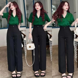 Quần đen ống rộng lưng cao đi học 1 khuy khóa kéo vải tuyết mưa mềm Quần ống Suông nữ cạp cao dáng dài đứng mặc công sở