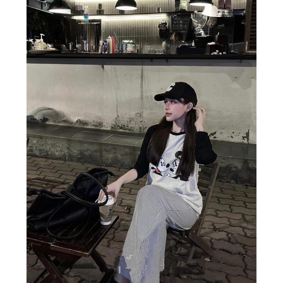 Set Áo Mickey Chất Cotton Tàu, Mix Quần Kẻ Thô Dáng Xuông Siêu Cá Tính