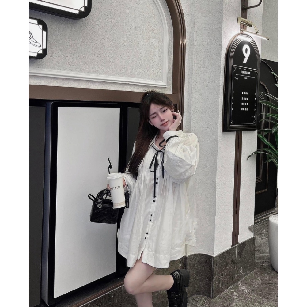 Set Áo Babydoll Viền Dây Nơ Chất Tơ Nhũ, Mix Quần Sooc 2 Lớp Siêu Sịn