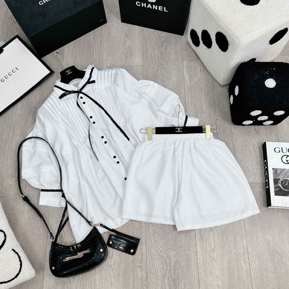 Set Áo Babydoll Viền Dây Nơ Chất Tơ Nhũ, Mix Quần Sooc 2 Lớp Siêu Sịn