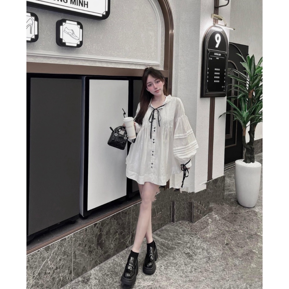 Set Áo Babydoll Viền Dây Nơ Chất Tơ Nhũ, Mix Quần Sooc 2 Lớp Siêu Sịn