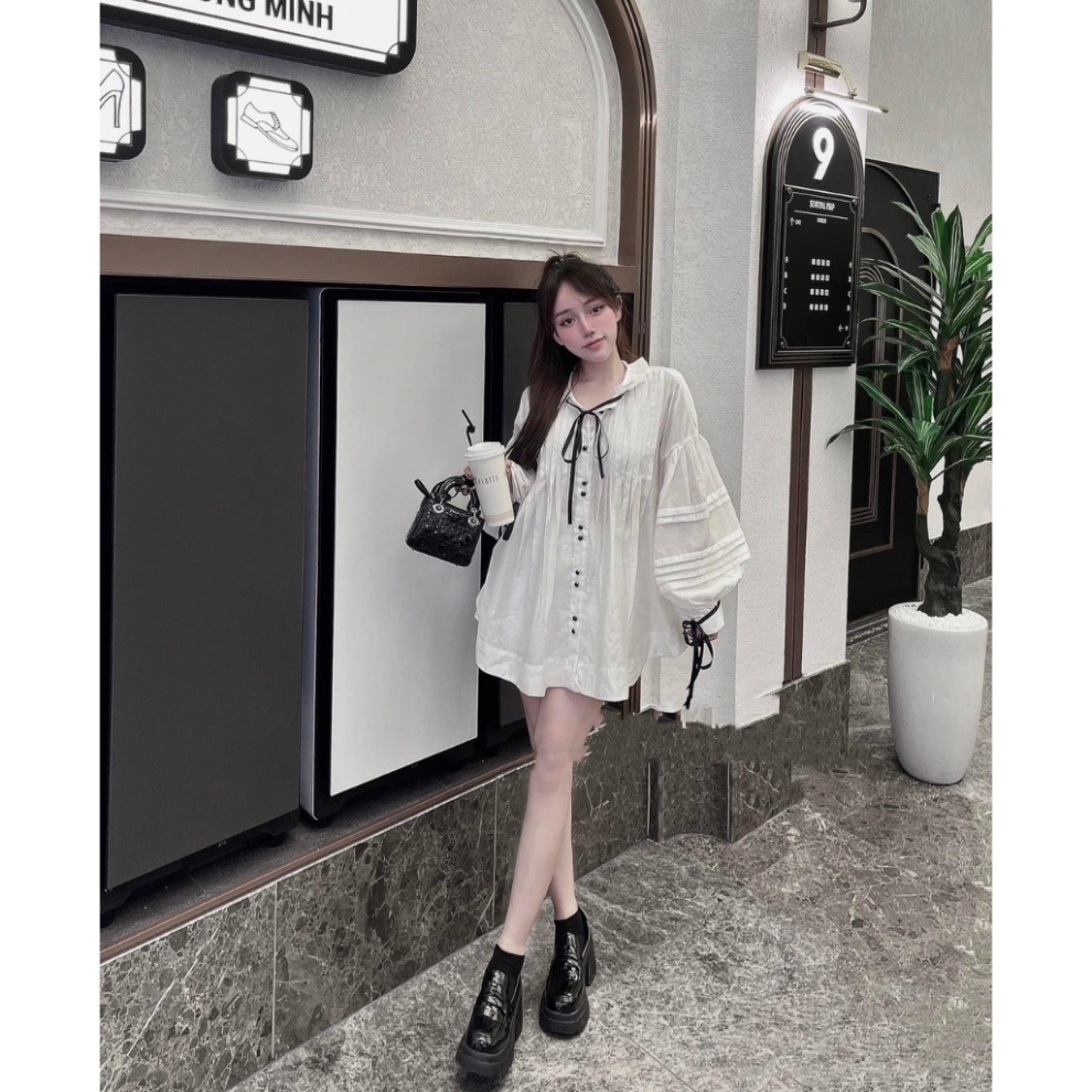 Set Áo Babydoll Viền Dây Nơ Chất Tơ Nhũ, Mix Quần Sooc 2 Lớp Siêu Sịn
