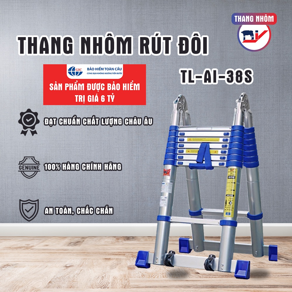 Thang nhôm rút đôi DIY TL-AI-38S chiều cao sử dụng tối đa chữ A 1.8m chữ I 3.8m - Hàng chính hãng - Bảo hành 18 tháng