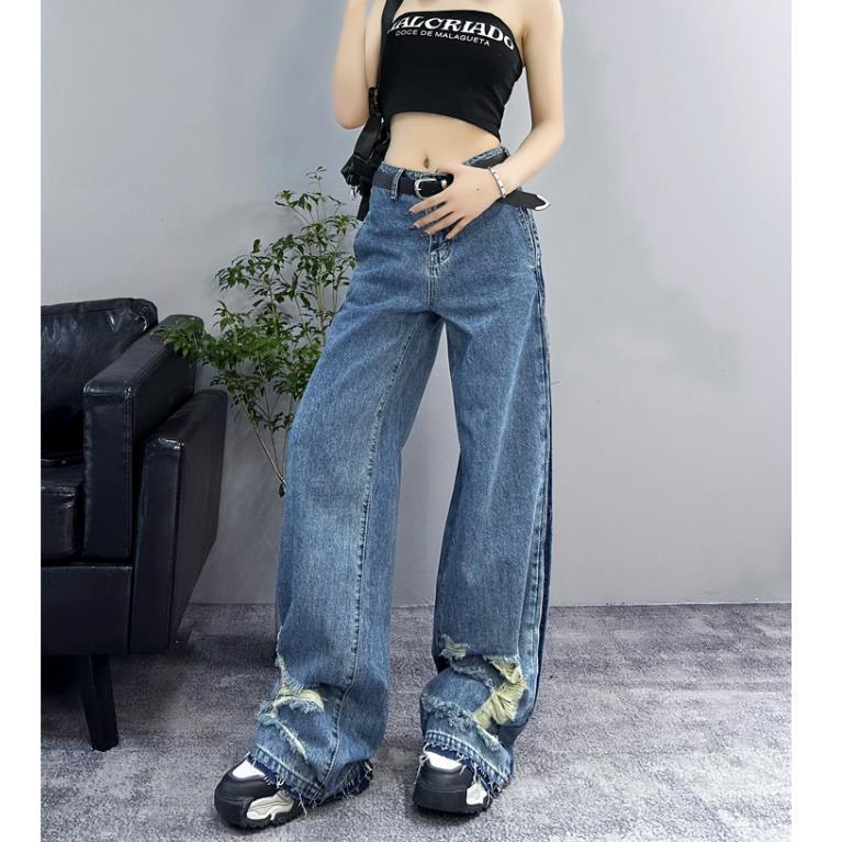 Quần jean bò nam Amiri slimfit xanh rách tua đùi gối vá vải đính đá bạc phối vảy sơn phong cách boy phố hot trend MS 15