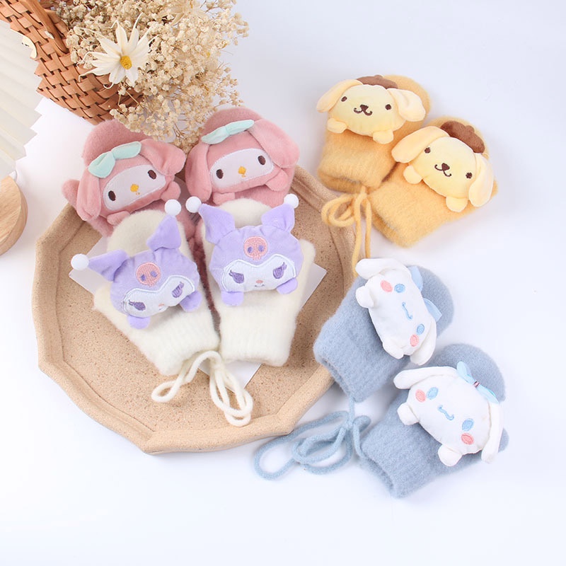 SANRIO Găng Tay Dệt Kim Hình Búp Bê Hoạt Hình Dễ Thương Cho Bé Trai / Gái