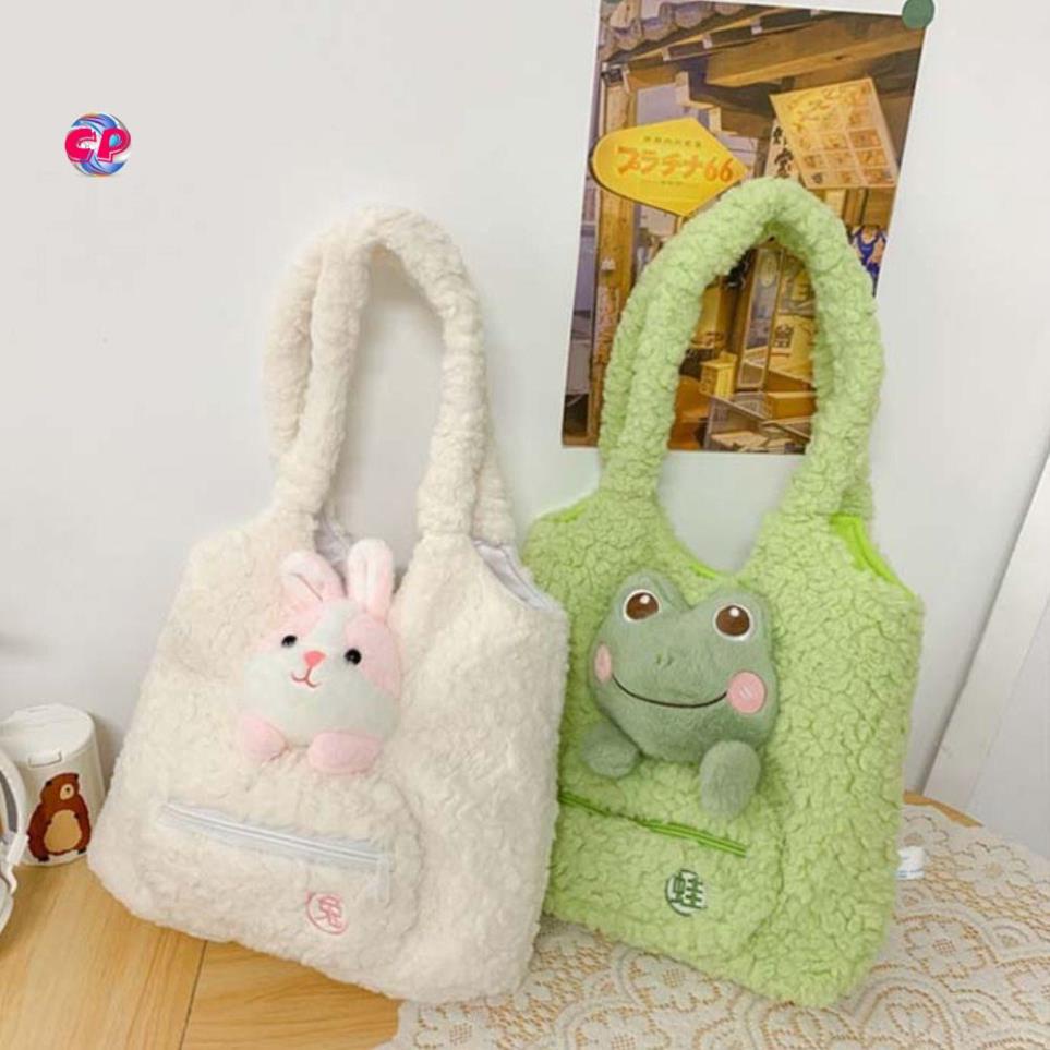 Túi gấu hoạt hình vải nhung Tote túi ếch Đồ chơi học sinh túi đeo vai dễ thương