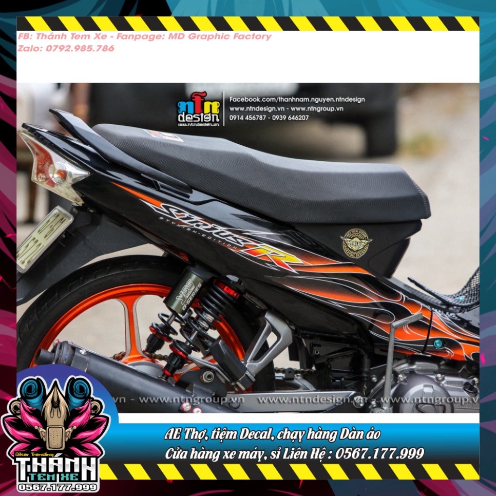 Tem rời mẫu Lửa cam cho Sirius xăng cơ đen bóng