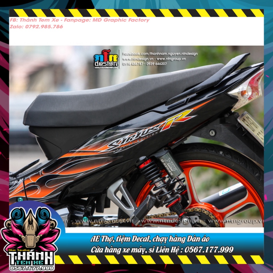 Tem rời mẫu Lửa cam cho Sirius xăng cơ đen bóng