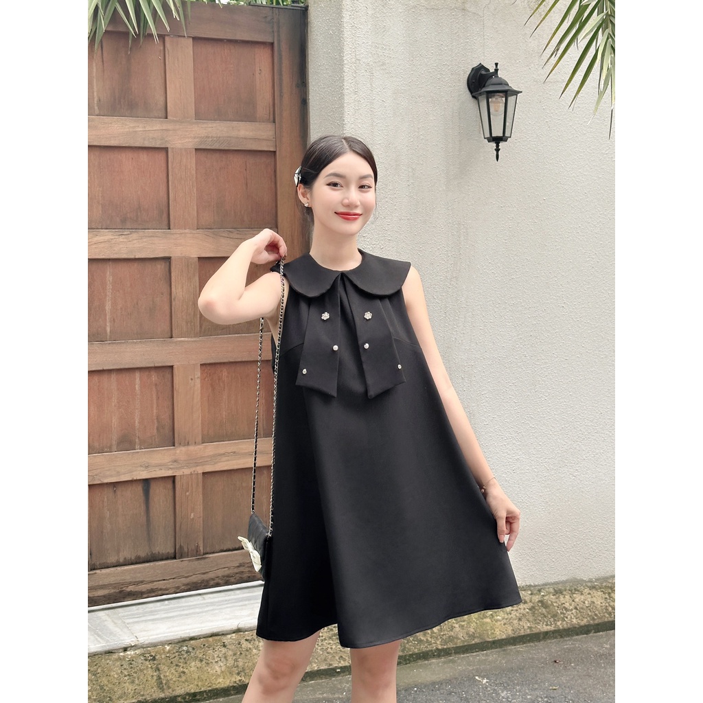 Sadie dress váy xinh form babydoll cổ sen nơ đính đá ngọc cộc tay tiểu thư AGUJA