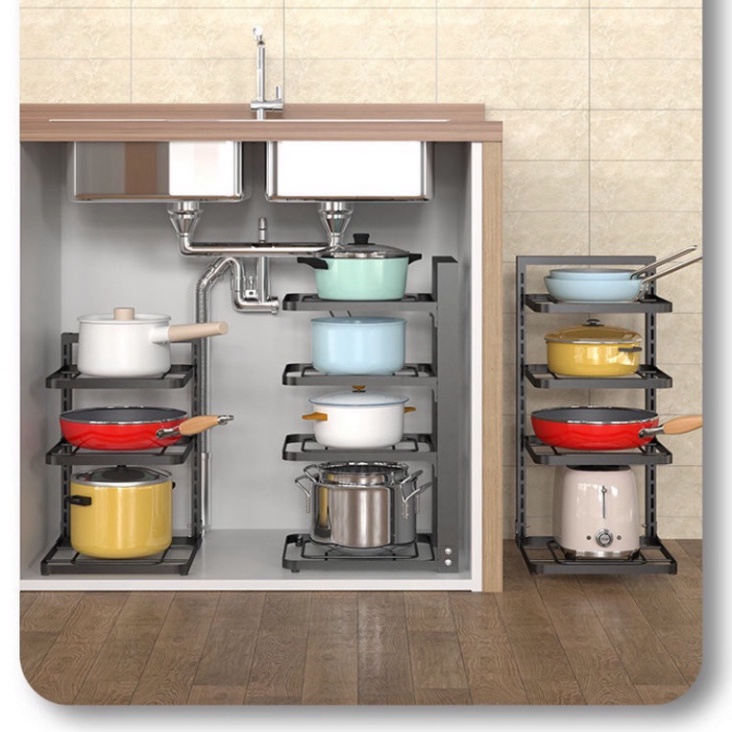 Kệ giá để xoong nồi chảo 2-3-4-5 tầng bằng thép có thể điều chỉnh độ rộng, dùng để trên kệ bếp, gầm bếp, góc bếp
