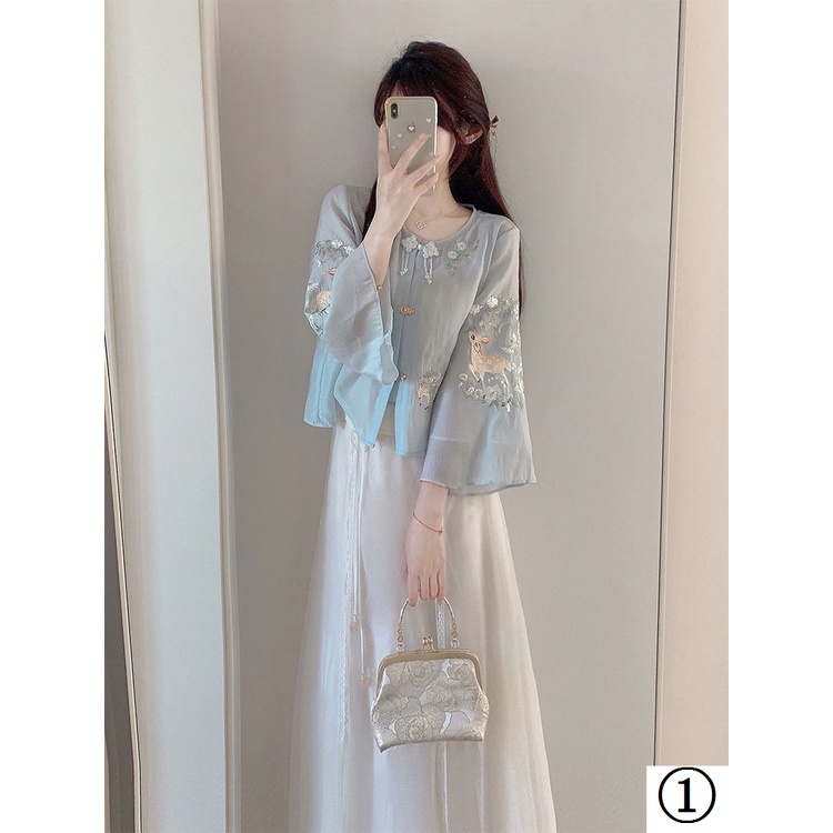 Mới Bộ Áo Thêu Họa Tiết Phong Cách Trung Hoa + Chân Váy Lửng Thời Trang Cao Cấp Cho Nữ