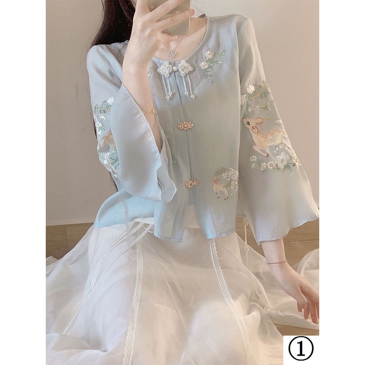 Mới Bộ Áo Thêu Họa Tiết Phong Cách Trung Hoa + Chân Váy Lửng Thời Trang Cao Cấp Cho Nữ