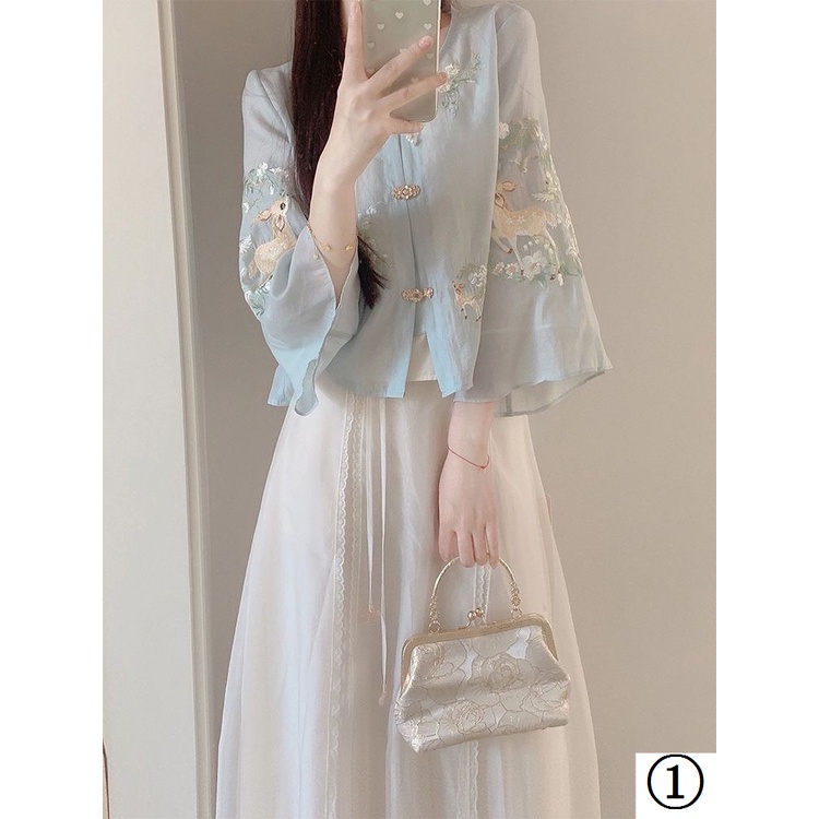 Mới Bộ Áo Thêu Họa Tiết Phong Cách Trung Hoa + Chân Váy Lửng Thời Trang Cao Cấp Cho Nữ