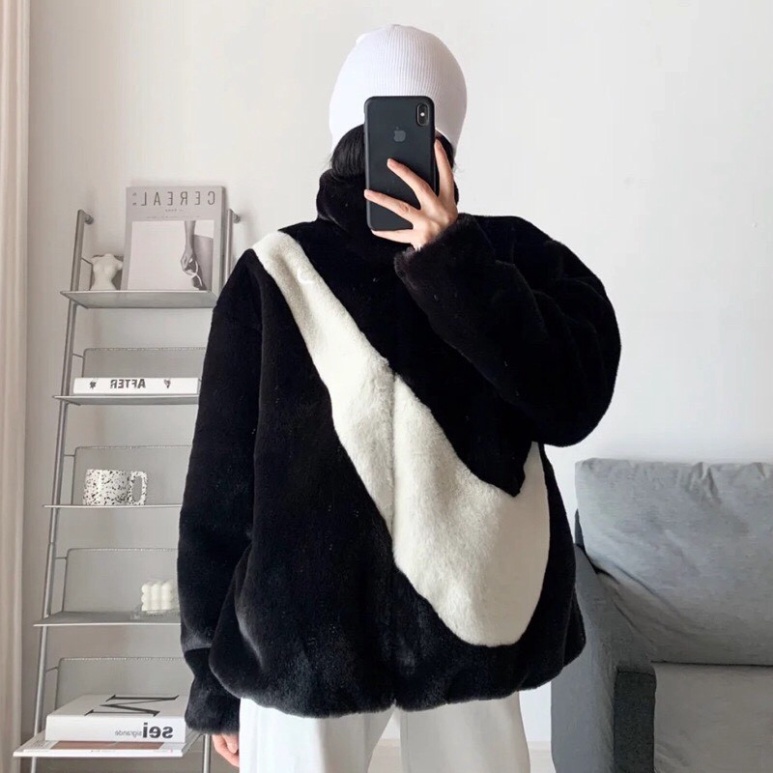 Áo khoác lông cổ cao họa tiết hình vảy phom rộng unisex/ Áo khoác mùa đông oversize 3 màu kiểu khóa kéo