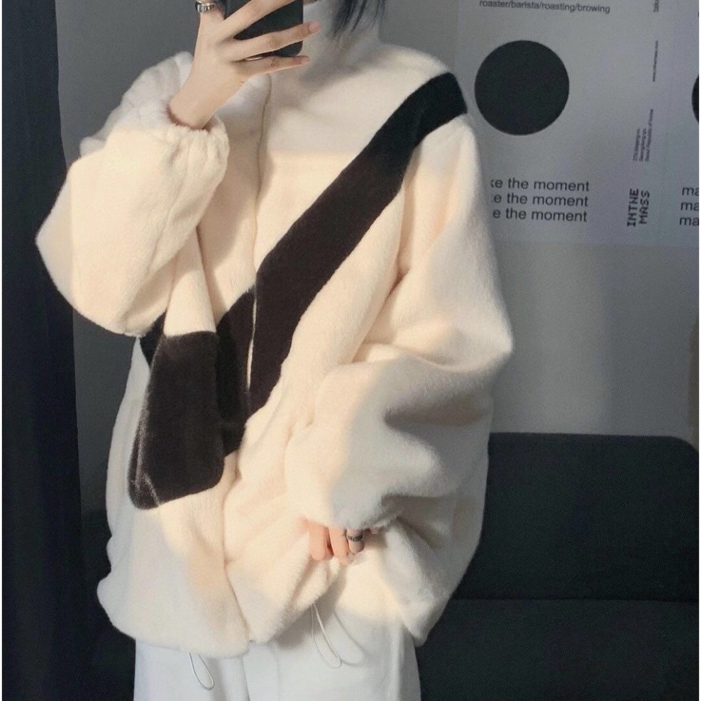 Áo khoác lông cổ cao họa tiết hình vảy phom rộng unisex/ Áo khoác mùa đông oversize 3 màu kiểu khóa kéo | BigBuy360 - bigbuy360.vn