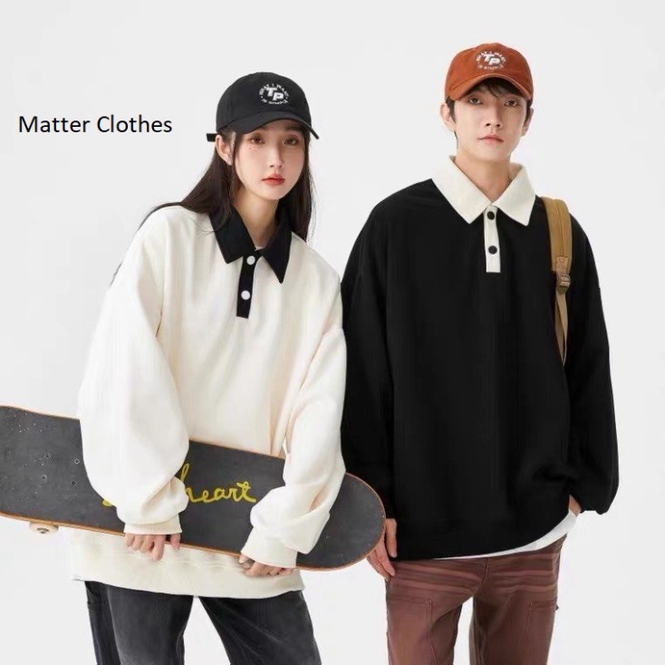 MAT Áo sweater thiết kế polo unisex - Áo dáng rộng cổ bẹ dài tay Ulzzang phong thái Hàn Quốc | BigBuy360 - bigbuy360.vn