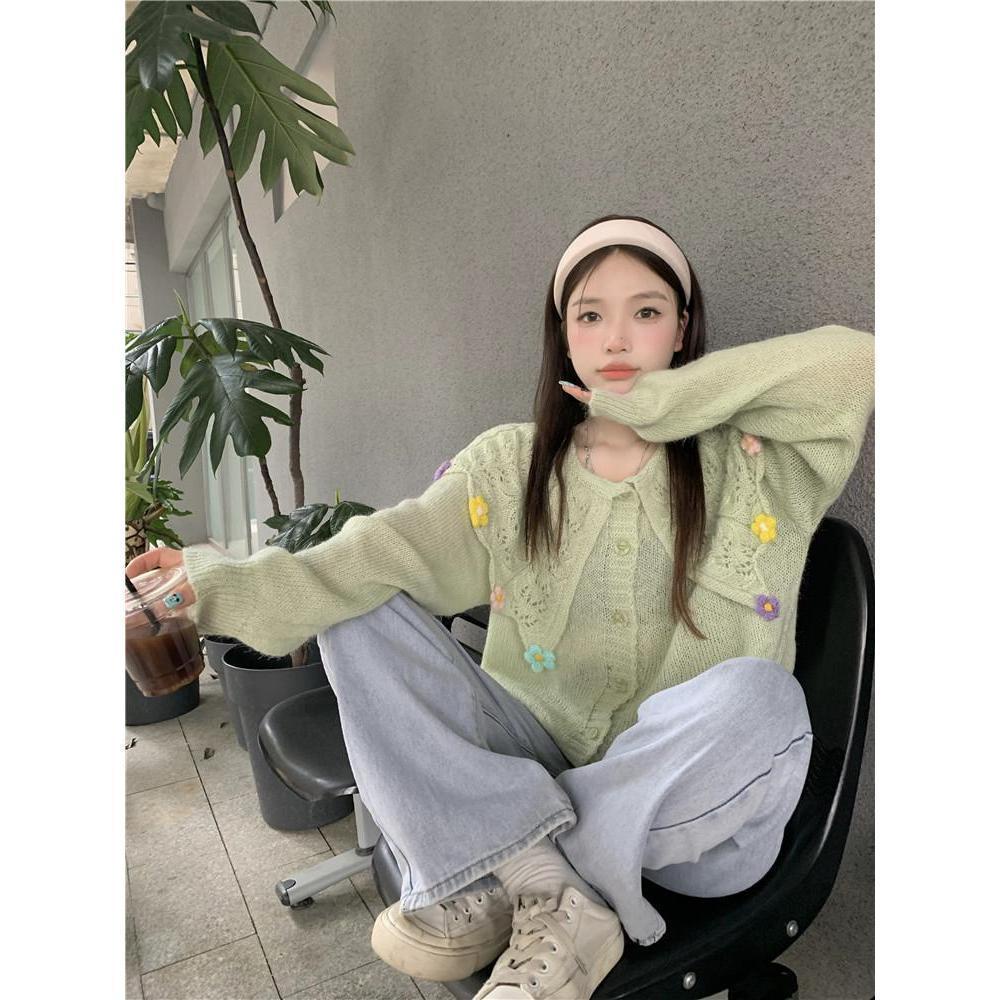 Áo Khoác cardigan Dệt Kim Ngắn Cổ Búp Bê Phong Cách Mới Mùa Thu 2023