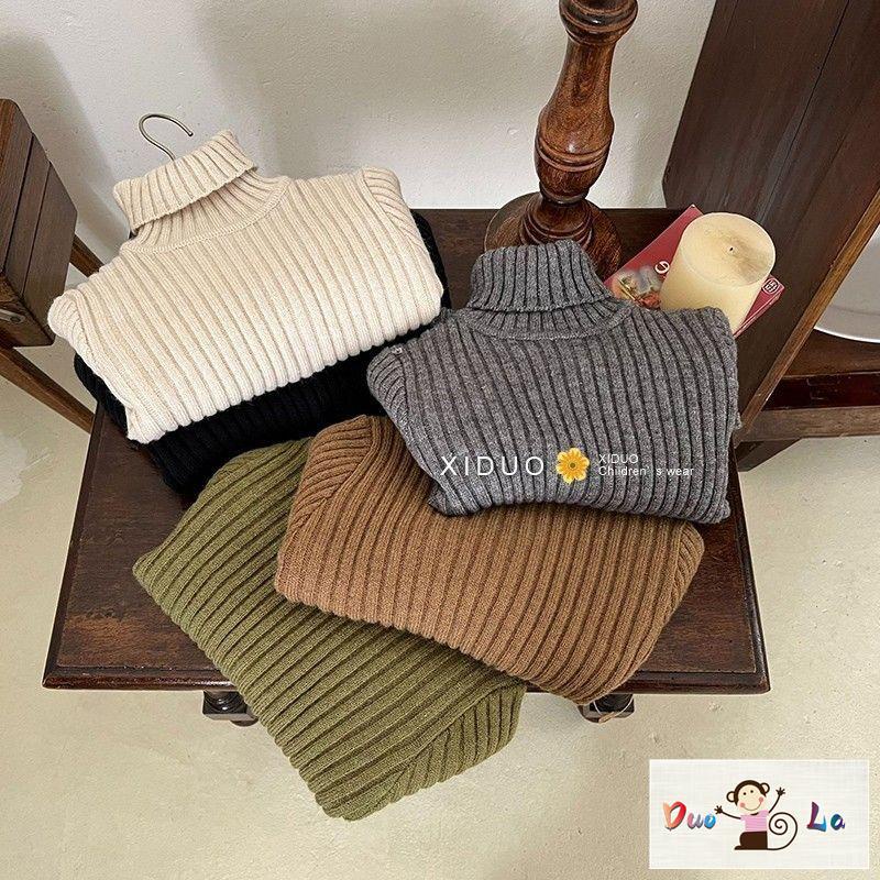 Doula ~ Áo sweater Cổ Cao Kẻ Sọc Màu Trơn Thời Trang Thu Đông Hàn Quốc Cho Bé Trai Và Bé Gái