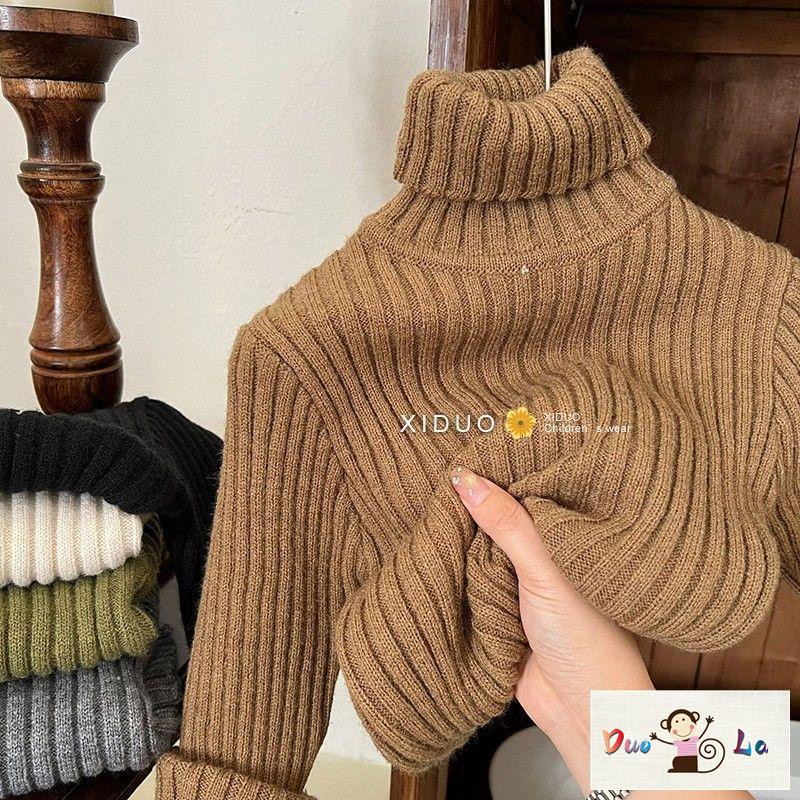 Doula ~ Áo sweater Cổ Cao Kẻ Sọc Màu Trơn Thời Trang Thu Đông Hàn Quốc Cho Bé Trai Và Bé Gái