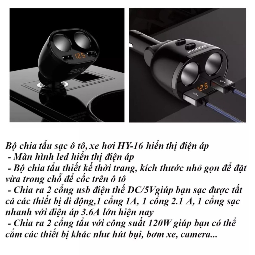 Bộ chia tẩu sạc ô tô, xe hơi HY-16 hiển thị điện áp, ổn định 3.6A, công suất 120W (Màu đen) | BigBuy360 - bigbuy360.vn