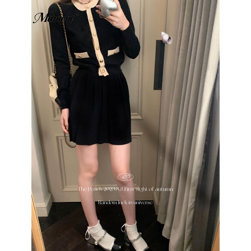 Set Đầm Hồng Và Áo Khoác cardigan Dệt Kim Phong Cách retro Mùa Thu 2023