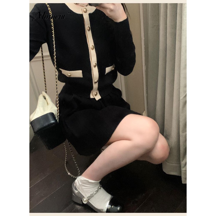 Set Đầm Hồng Và Áo Khoác cardigan Dệt Kim Phong Cách retro Mùa Thu 2023