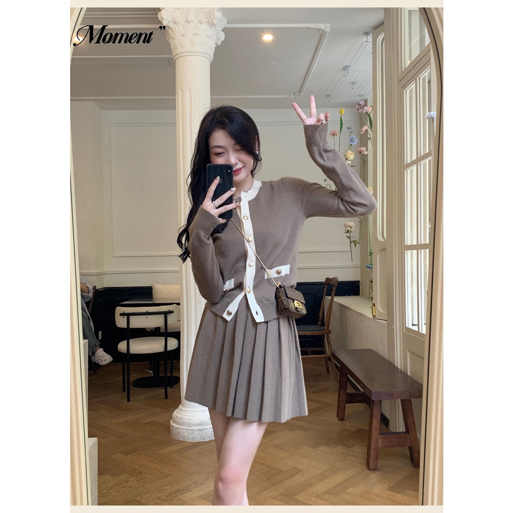 Set Đầm Hồng Và Áo Khoác cardigan Dệt Kim Phong Cách retro Mùa Thu 2023
