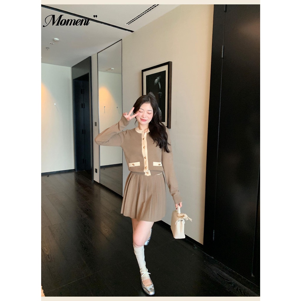 Set Đầm Hồng Và Áo Khoác cardigan Dệt Kim Phong Cách retro Mùa Thu 2023