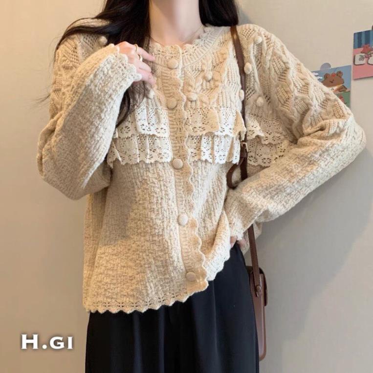 Áo len cdg màu be cúc bọc phối tơ hot