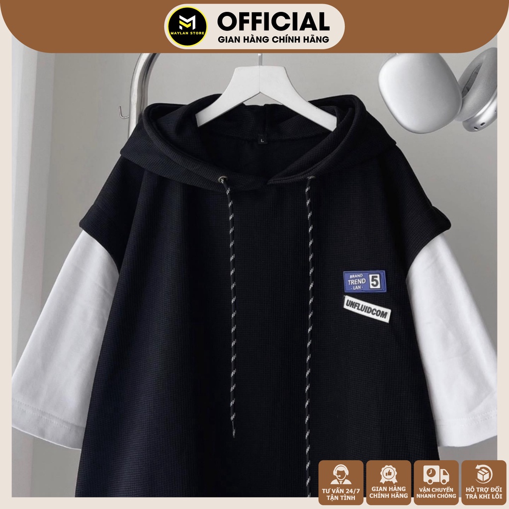 Áo thun nam tay RAGLAN có nón oversize phối màu đen và kem tem su vải thun da cá form rộng thoải mái mùa hè