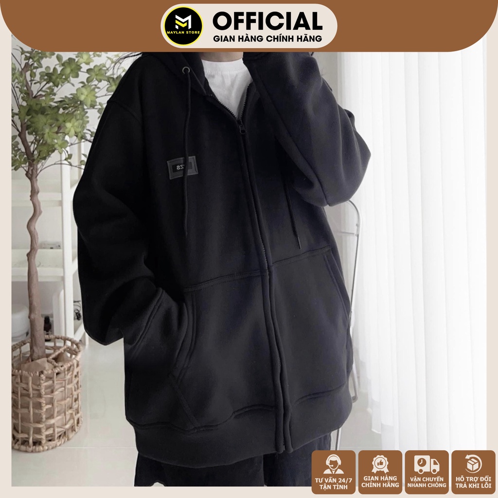 Áo khoác hoodie zip chống nắng TEM SU WZS màu đen vải nỉ lót bông form rộng unisex nam nữ