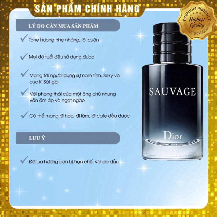 Nước hoa nam cao cấp chính hãng Di.or SAU.VAGE EDT, dầu thơm lâu nam tính mạnh mẽ cuốn hút mẫu thử 100ml N23 XT