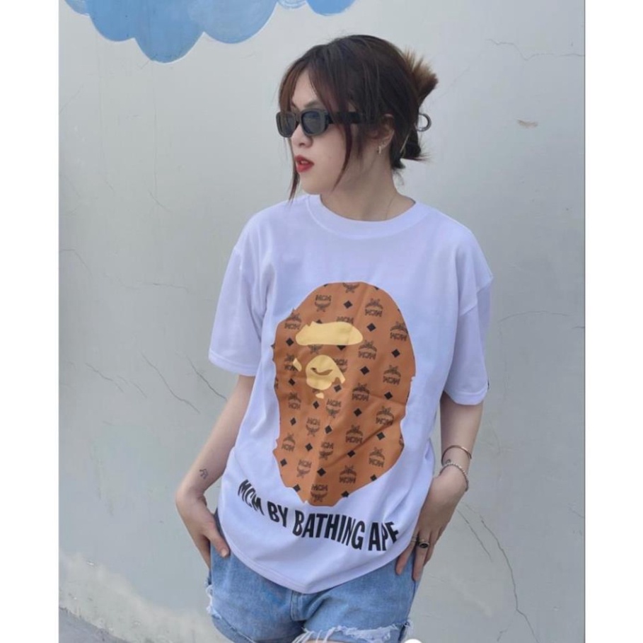 Áo Phông Nam Nữ Bape MCM Đen Trắng Form Rộng Unisex Cotton Co Giãn 4 Chiều