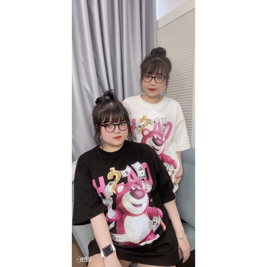 Áo phông nam nữ Gấu Dâu Lotso Đen Trắng Chữ To Form Rộng Unisex Cotton Co Giãn 4 Chiều