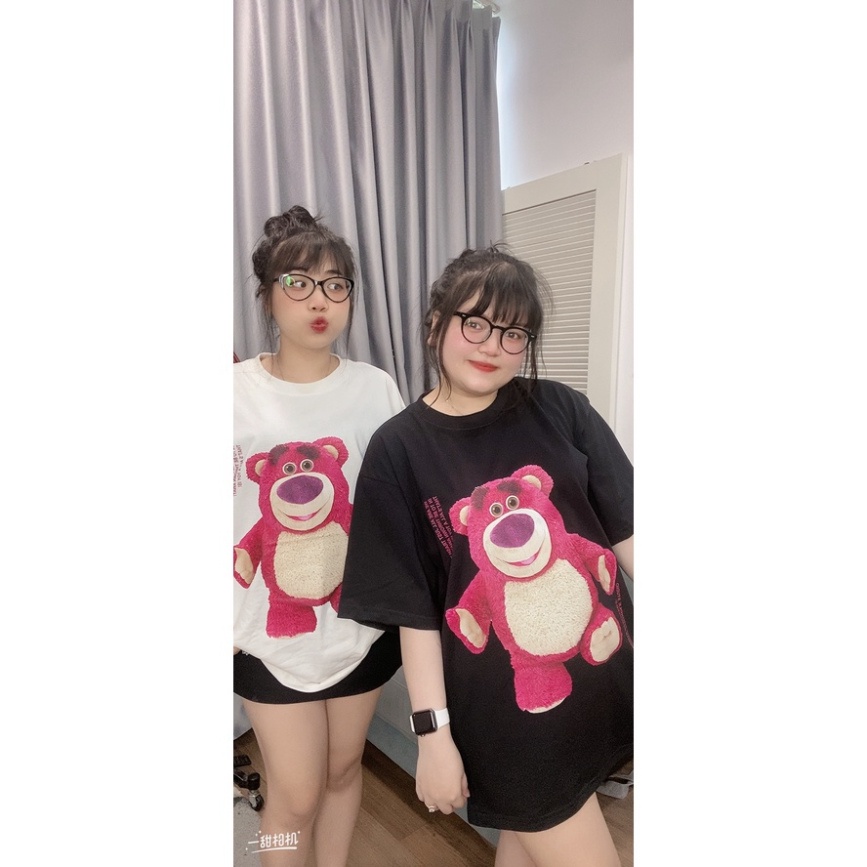 Áo phông nam nữ Gấu Dâu Lotso Đen Trắng Chữ To Form Rộng Unisex Cotton Co Giãn 4 Chiều