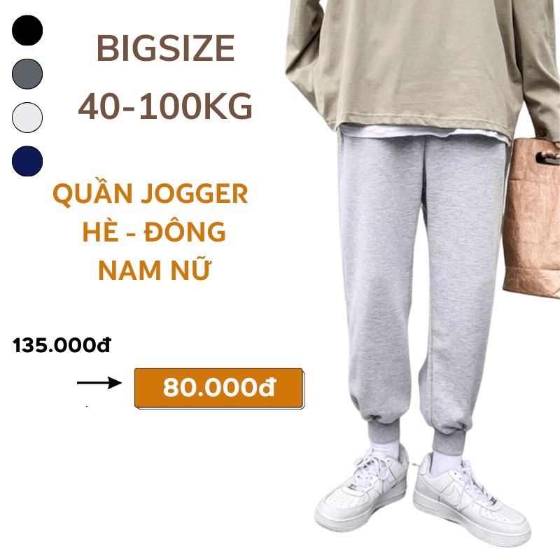 Quần thể thao Jogger Nam Nữ Bigsize chất liệu thun da cá thoáng mát ống bo 40-100kg