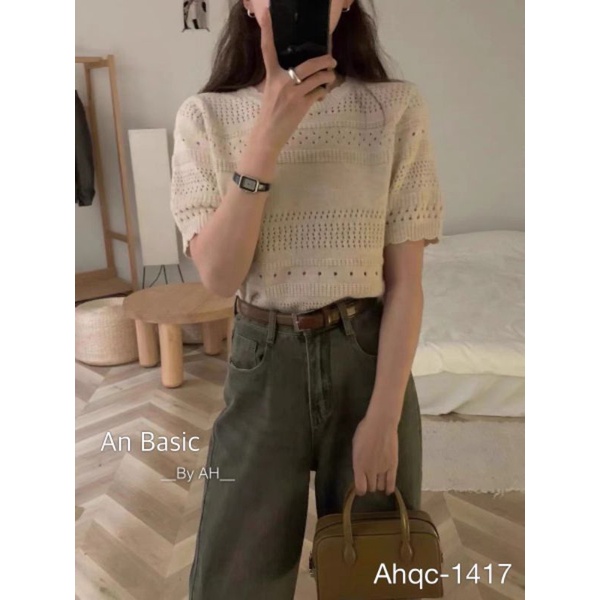 (Sẵn) Áo len mỏng mongtoghi I.MISS.LINENE hoạ tiết lỗ cách điệu tay lửng cổ bèo chất đanh đứng form ulzzang Quảng Châu
