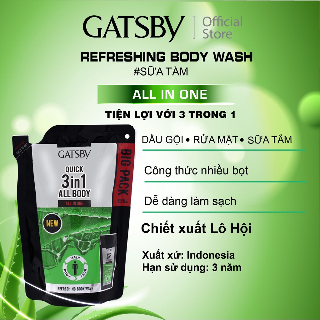 Sữa tắm GATSBY Refreshing Body Wash All In One 450ml 3 trong 1/túi