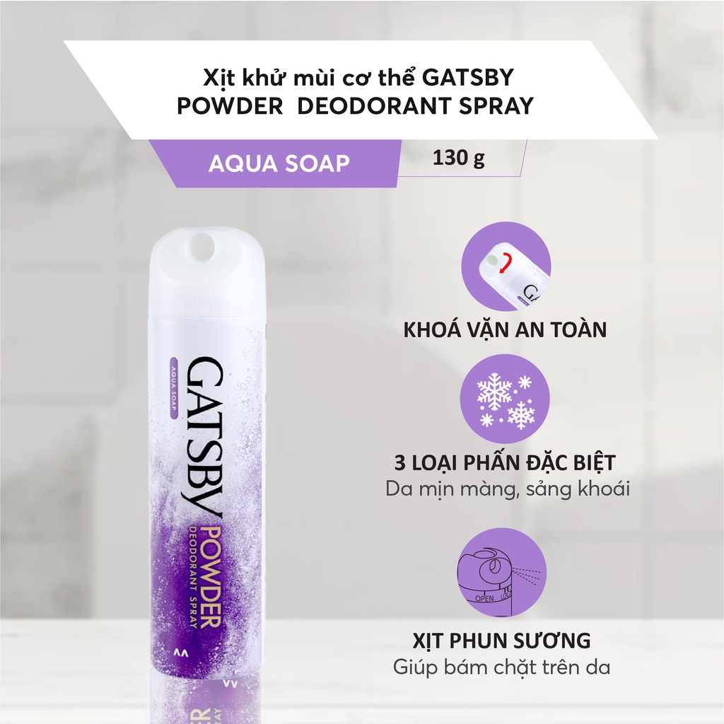 [Mã BMLT35 giảm đến 35K đơn 99K] Xịt Khử Mùi Cơ thể GATSBY POWDER DEODORANT SPRAY AQUA SOAP C1 Khô Thoáng Mát Lạnh 130g