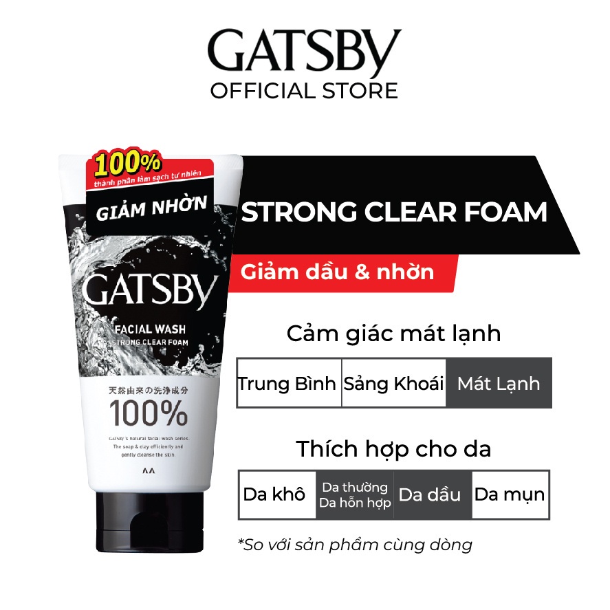 Sữa rửa mặt than hoạt tính GATSBY Facial Wash Strong Clear Foam sạch dầu & giảm nhờn 130g