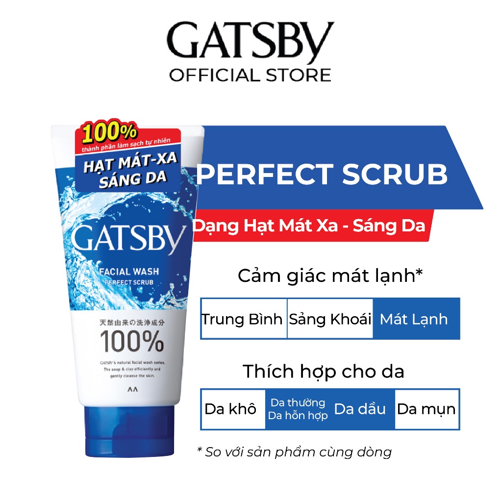 Sữa rửa mặt GATSBY Facial Wash Perfect Scrub hạt Mát-Xa sáng da & mát lạnh 130g