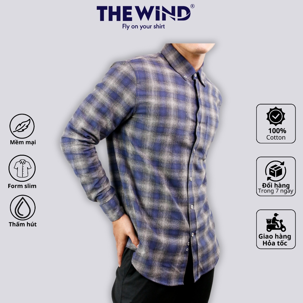 Áo sơ mi nam tay dài sọc caro vải cotton THE WIND somi thấm hút, mềm mượt cao cấp
