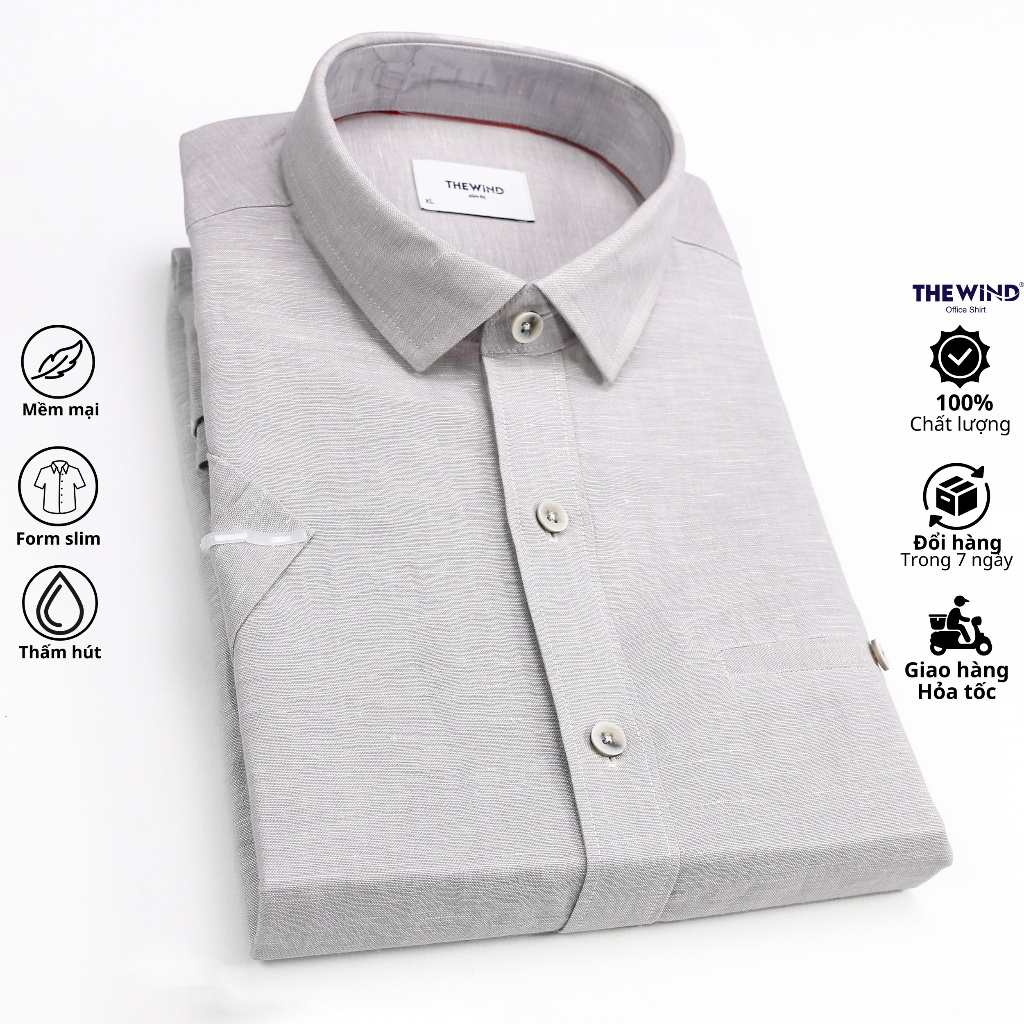Áo sơ mi nam ngắn tay vải linen THE WIND xanh nhạt somi công sở