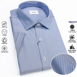  Áo sơ mi nam ngắn tay vải knit THE WIND sọc xanh trắng somi công sở co giãn chống nhăn thấm hút mồ hôi. 
