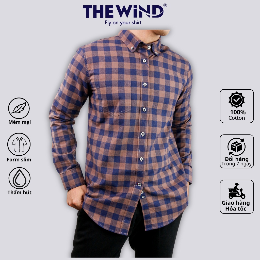 Áo sơ mi nam tay dài vải cotton THE WIND caro xanh nâu dáng ôm AS23015DT