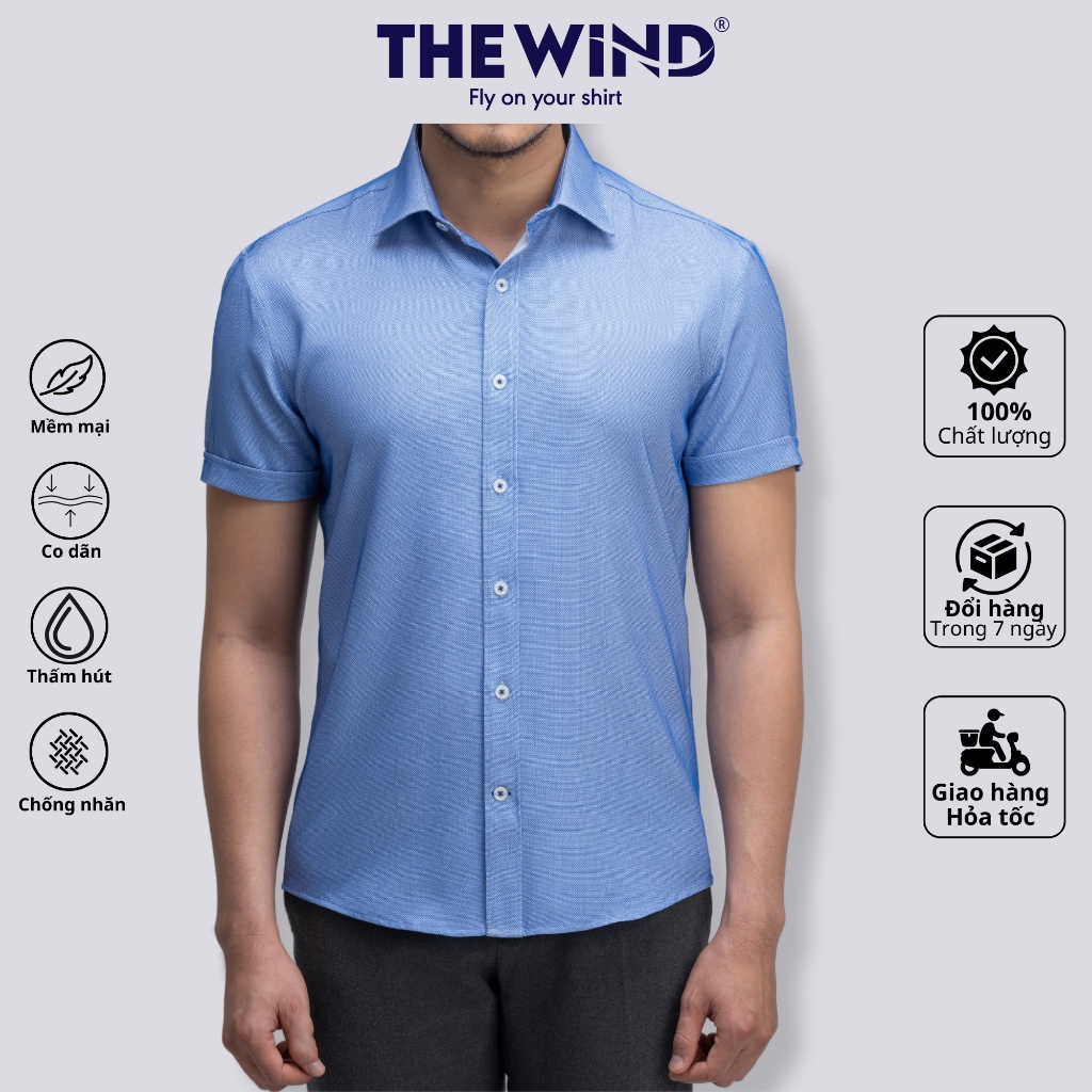 Áo sơ mi nam ngắn tay THE WIND vải co giãn màu xanh somi công sở chống nhăn, thấm hút tốt AR23022N