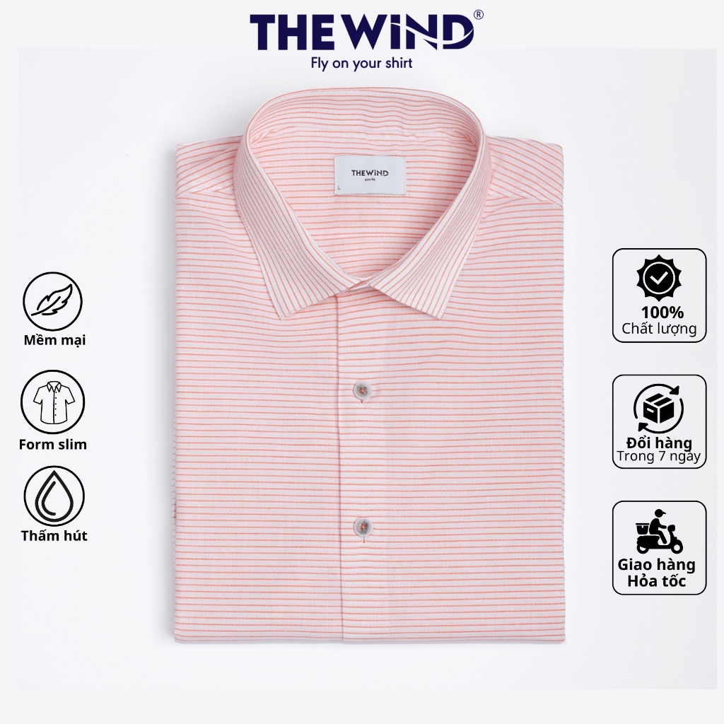 Áo sơ mi tay dài THE WIND somi công sở sọc trắng đỏ vải cotton thấm hút thoáng mát AS23075D